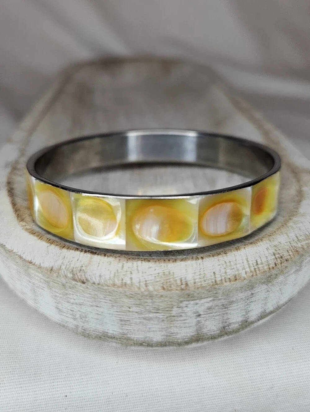Vintage Yellow Shell Inlay Silver Bangle Bracelet Boho Mother of Pearl Look